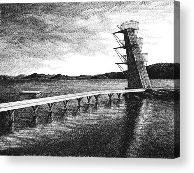 Diving Board Acrylic Print featuring the drawing Farsund Badehuset in Ink by Janet King