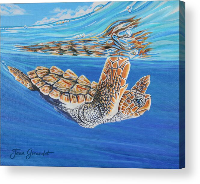 Ocean Acrylic Print featuring the painting First Dive by Jane Girardot