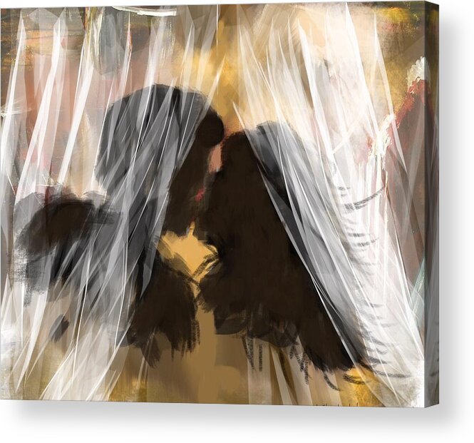 First Kiss After Wedding Marriage Bride Romantic Love Woman Man Groom Bridegroom Pair Husband Wife Acrylic Print featuring the painting First kiss after.... by Miroslaw Chelchowski