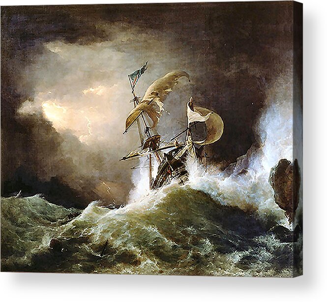 Seascape Acrylic Print featuring the painting First rate Man-of-War by George Philip Reinagle