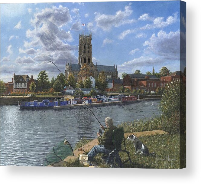 The Minster Church Of Saint George Acrylic Print featuring the painting Fishing with Oscar - Doncaster Minster by Richard Harpum