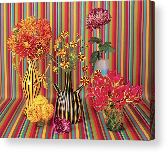 Flowers Acrylic Print featuring the photograph Flower Vases Against Striped Fabric by Lisa Charles Watson