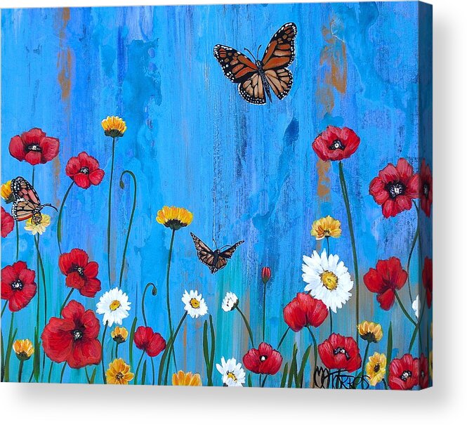 Rubbing Alcohol Was Used In Creating The Background For This Piece. Acrylic Print featuring the painting Flowers and Butterflies by Melissa Torres