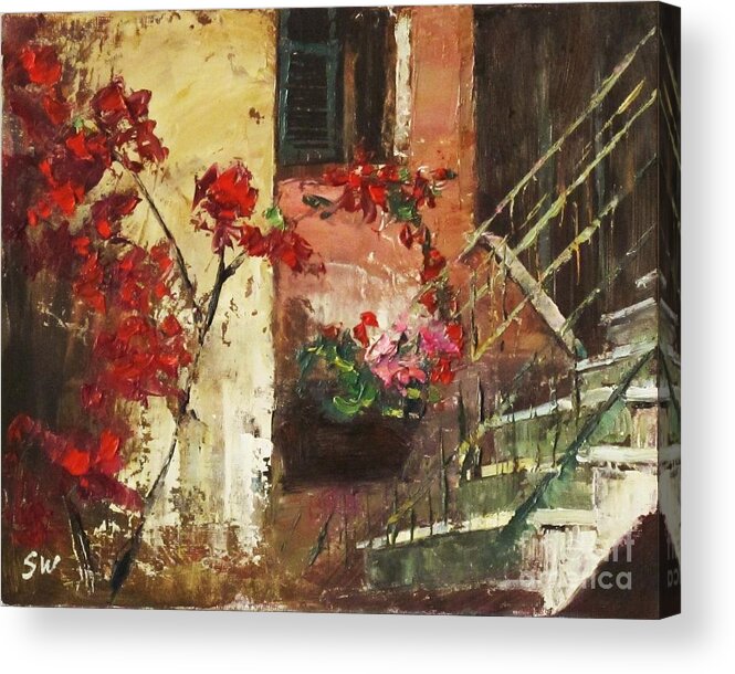 Sean Wu Acrylic Print featuring the painting Flowers By The Stairs by Sean Wu