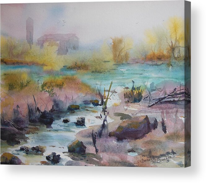 Misty Stream Acrylic Print featuring the painting Foggy Stream by Barbara McGeachen