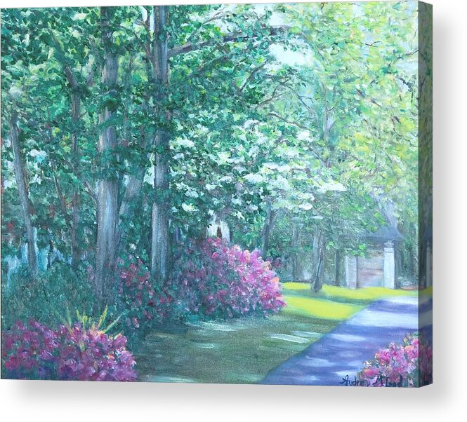 Pink Flower Garden With Azaleas Acrylic Print featuring the painting Garden gate by Audrey McLeod