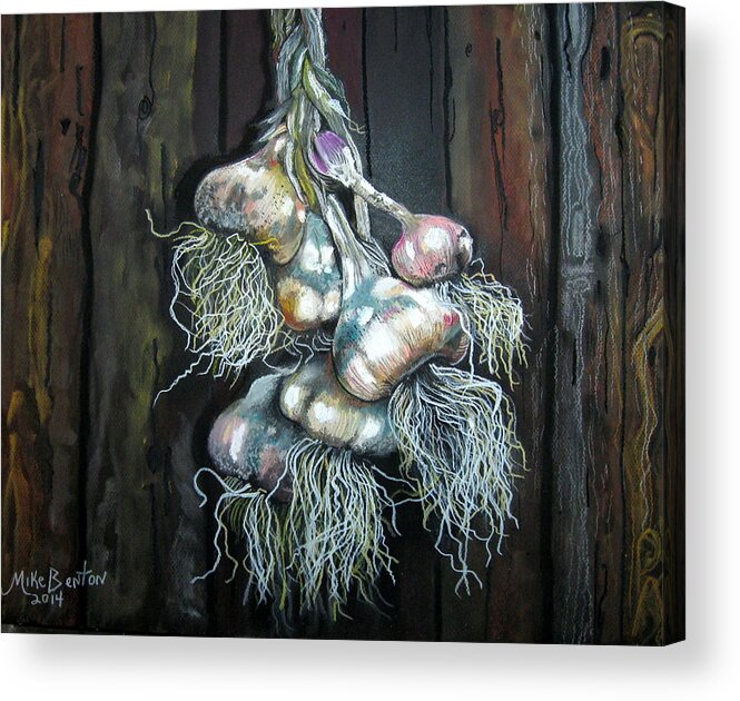 Garlic Acrylic Print featuring the pastel Garlic Hanging to Dry by Mike Benton