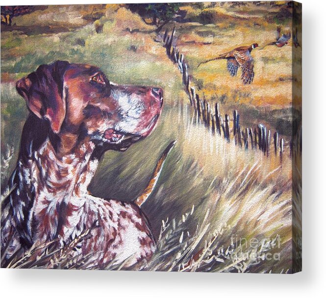 Dog Acrylic Print featuring the painting German Shorthaired Pointer and Pheasants by Lee Ann Shepard