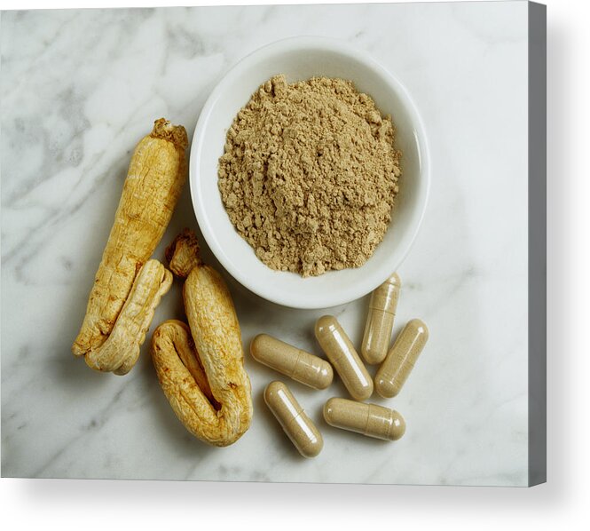 Alternative Medicine Acrylic Print featuring the photograph Ginseng Root, Powder and Capsules by Mitch Hrdlicka