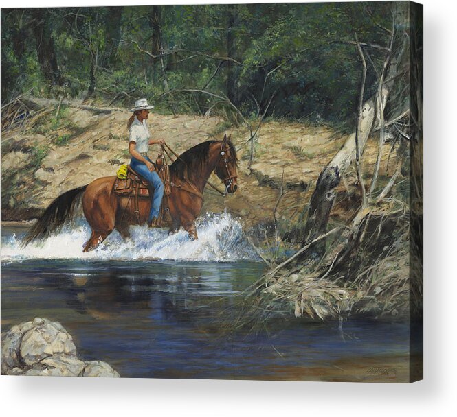 Don Langeneckert Acrylic Print featuring the painting Girl Crossing Big Creek by Don Langeneckert