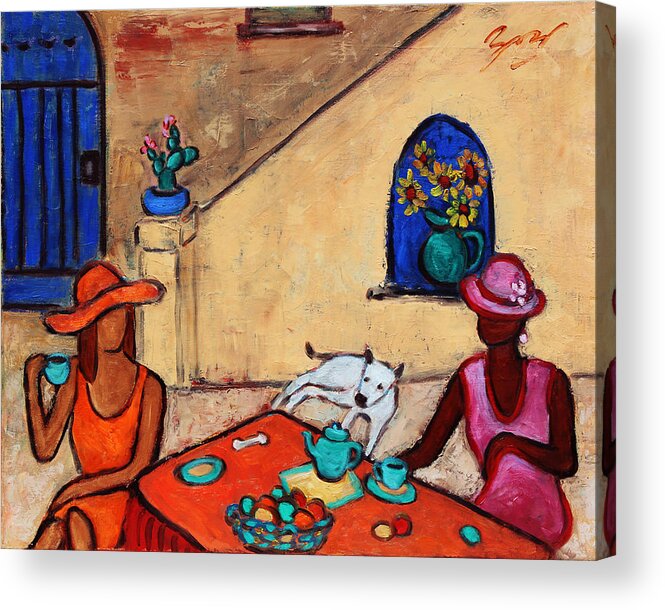 Figurative Acrylic Print featuring the painting Girlfriends' Teatime II by Xueling Zou