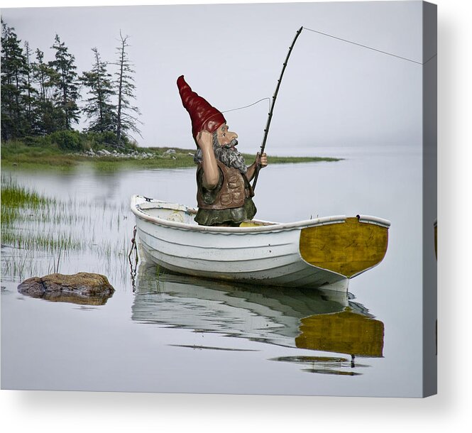 White Boat Acrylic Print featuring the photograph Gnome Fisherman in a White Maine Boat on a Foggy Morning by Randall Nyhof