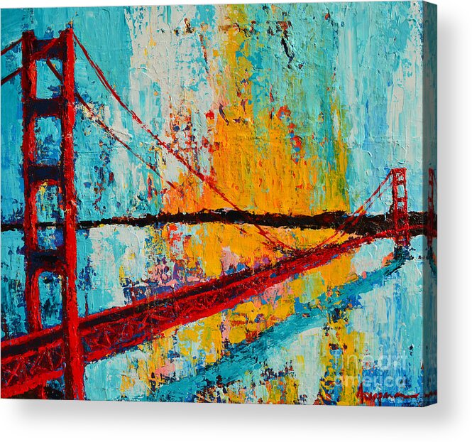 Landmark Acrylic Print featuring the painting Golden Gate Bridge Modern Impressionistic Landscape Painting Palette Knife work by Patricia Awapara