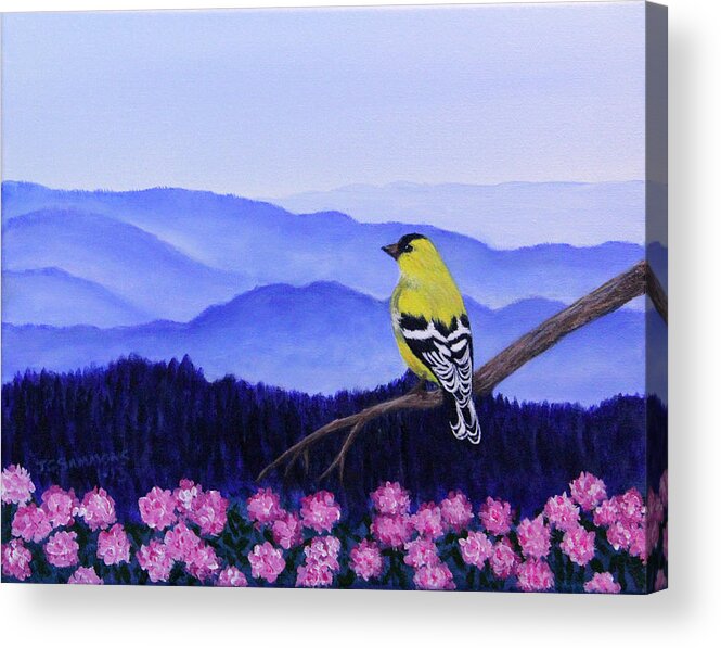 Birds Acrylic Print featuring the painting Goldfinch and Rhododendrens by Janet Greer Sammons
