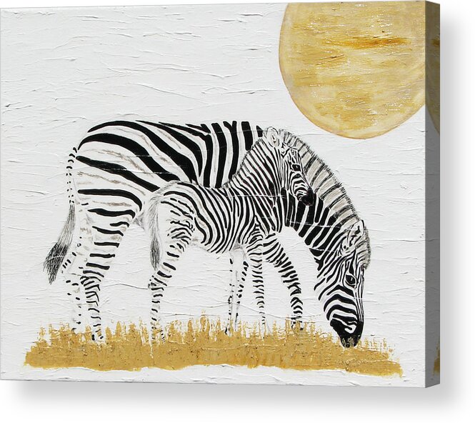 Zebra Acrylic Print featuring the painting Grazing Together by Stephanie Grant