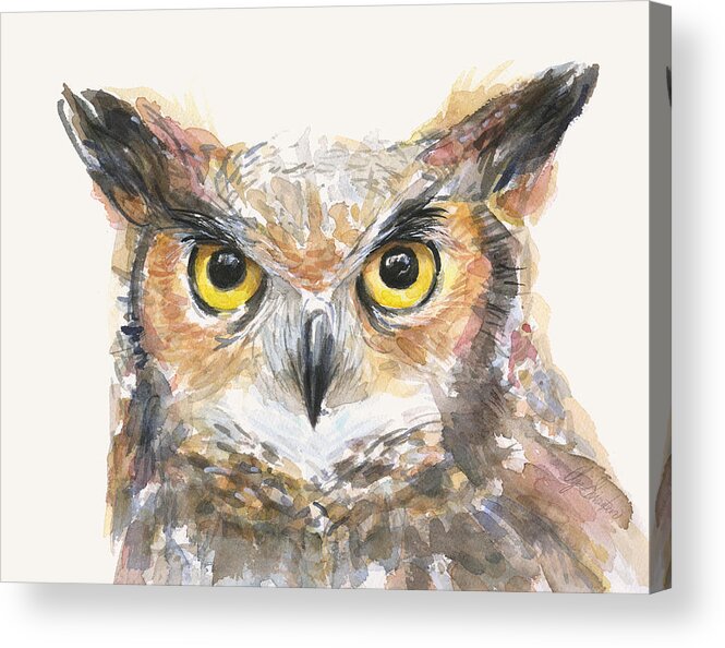 Owl Acrylic Print featuring the painting Great Horned Owl Watercolor by Olga Shvartsur