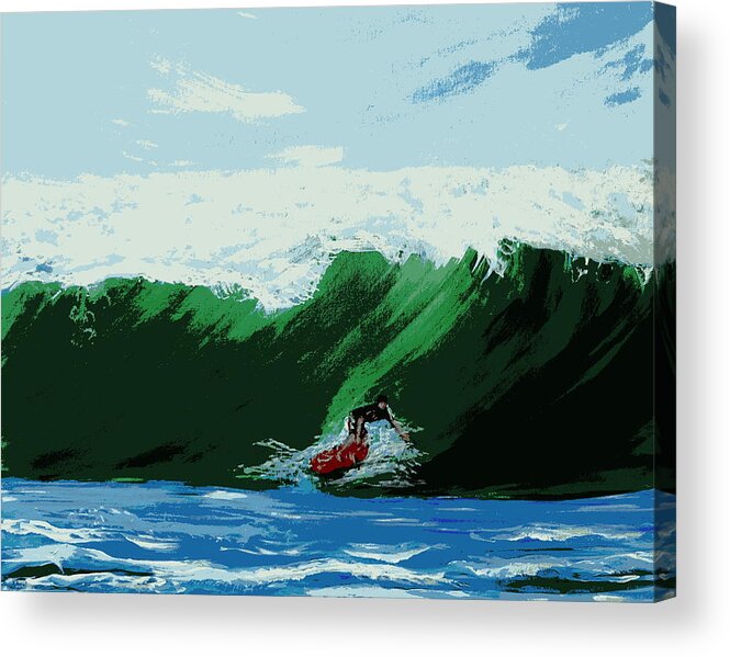 Stylized Surfer On A Red Board Getting A Giant Green Wave. 16 X 20 Panel Acrylic Print featuring the painting Green Wave Red Surfboard by Katy Hawk