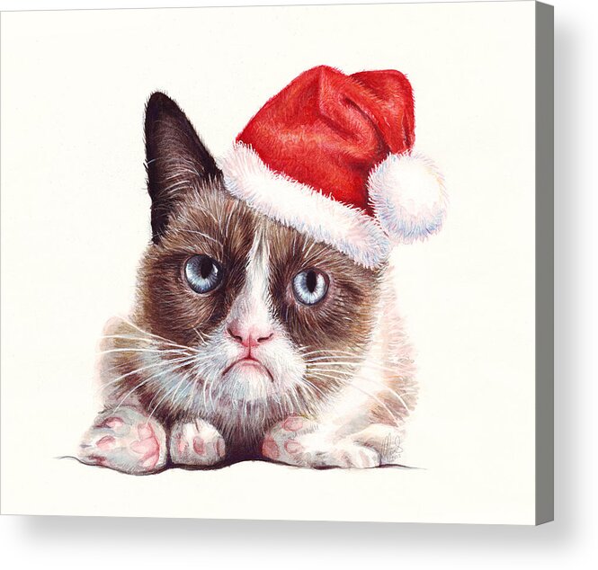 Grumpy Acrylic Print featuring the painting Grumpy Cat as Santa by Olga Shvartsur