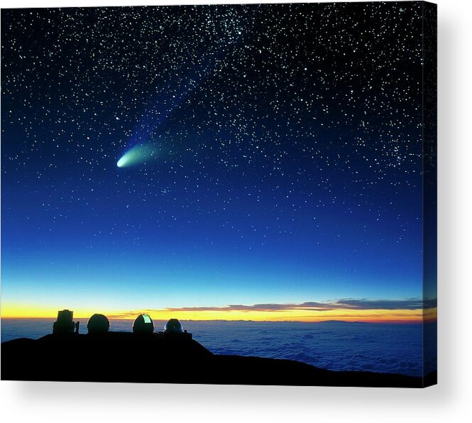 Astronomy Acrylic Print featuring the photograph Hale-bopp Comet And Telescope Domes by David Nunuk