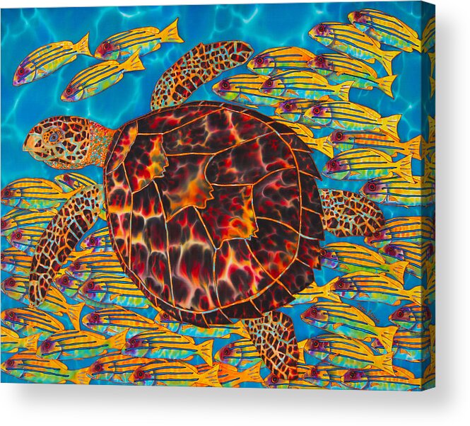 Sea Turtle Acrylic Print featuring the painting Hawksbill Sea Turtle and Snappers by Daniel Jean-Baptiste