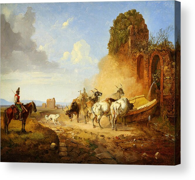 Heinrich Burkel Cattle Watering At A Fountain On The Via Appia A Tiqua Acrylic Print featuring the painting Heinrich Burkel Cattle Watering at a Fountain on the Via Appia A tiqua by MotionAge Designs