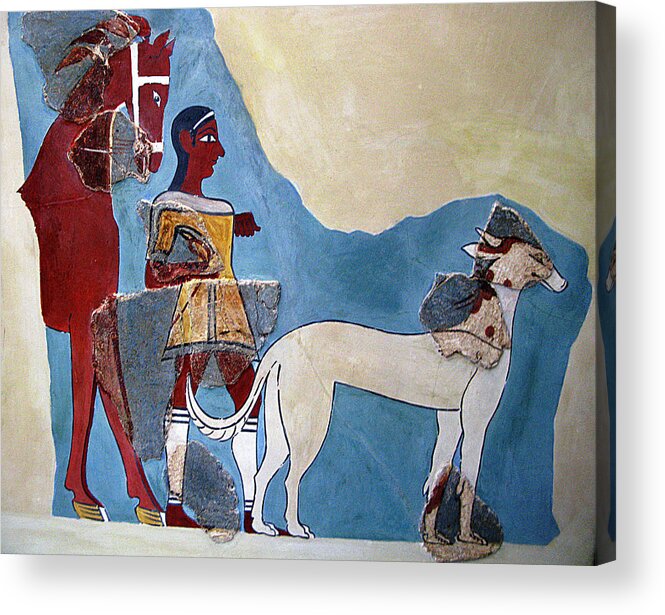 Mycenaean Fresco Acrylic Print featuring the photograph Horse dog and charioteer by Andonis Katanos