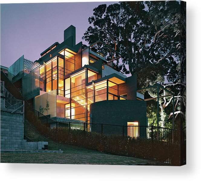 No People Acrylic Print featuring the photograph House With Pohutukawa Tree At Night by Erhard Pfeiffer
