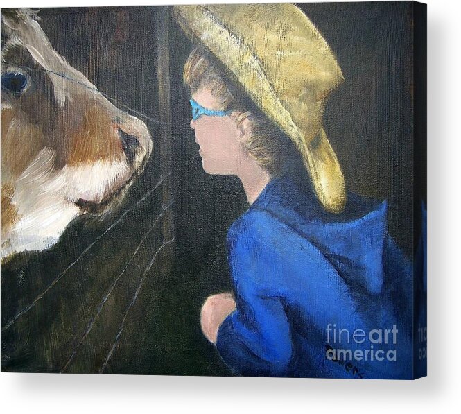 Portrait Of A Boy And His Cow Acrylic Print featuring the painting How Now...? by Mary Lynne Powers