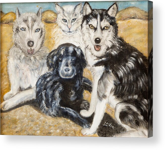 Dogs And Cats. Acrylic Print featuring the painting Husky Black Lab and Gato Pete by Lucille Valentino