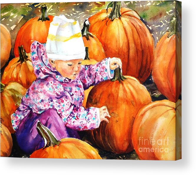 Child Acrylic Print featuring the painting I love pumpkins by Betty M M Wong