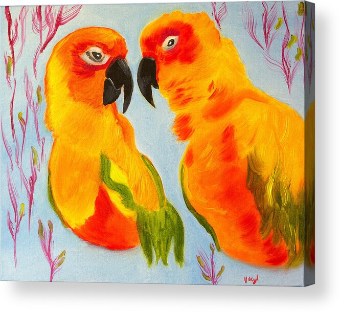 Sun Conures Acrylic Print featuring the painting I See You by Meryl Goudey