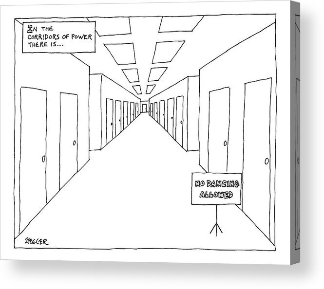 Captionless Acrylic Print featuring the drawing In A Long Hallway With Many Doors There Is A Sign by Jack Ziegler