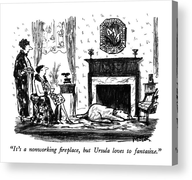 

 One Woman To Another About Dog Sleeping Before Fireplace. 
Dogs Acrylic Print featuring the drawing It's A Nonworking Fireplace by Robert Weber