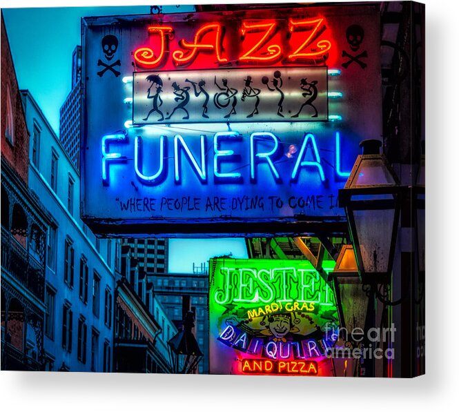 Signs Acrylic Print featuring the photograph Jazz Funeral and Jester on Bourbon St. by Kathleen K Parker