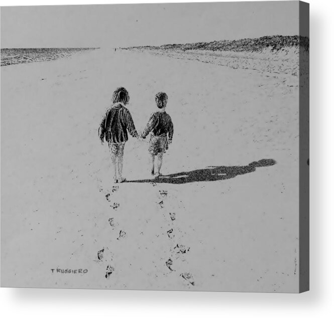 Beach Summer Child Boy Girl Sister Brother Siblings Cape Cod Sand Dunes Ocean Long Island Sound Acrylic Print featuring the painting Journey by Tony Ruggiero