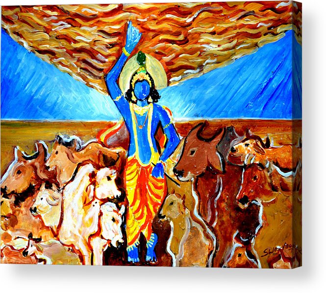 Paintings In Acrylics And Oils On --- Indian Saints Acrylic Print featuring the painting Krishna Lifting Govardhan Hill by Anand Swaroop Manchiraju