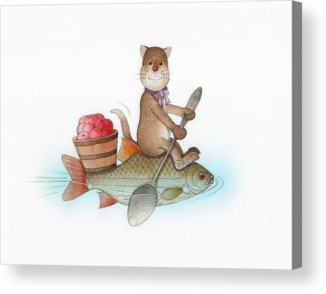 Cats River Water Breakfast Relax Trip Travel Tour Acrylic Print featuring the painting Lazy Cats05 by Kestutis Kasparavicius