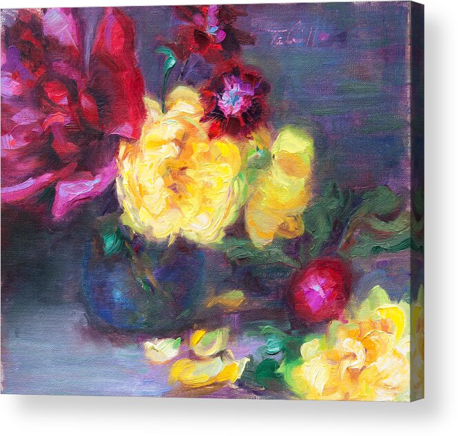 Still Life Acrylic Print featuring the painting Lemon and Magenta - flowers and radish by Talya Johnson