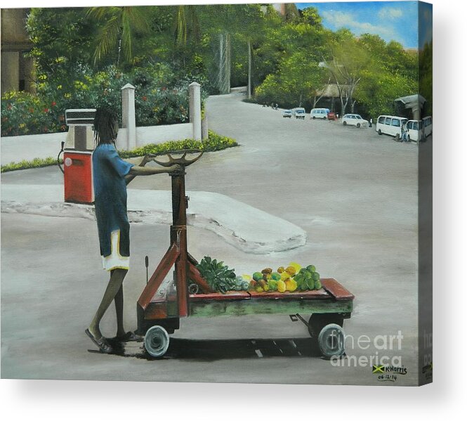 Tropical Acrylic Print featuring the painting Fitzroy the handcart bwoy by Kenneth Harris