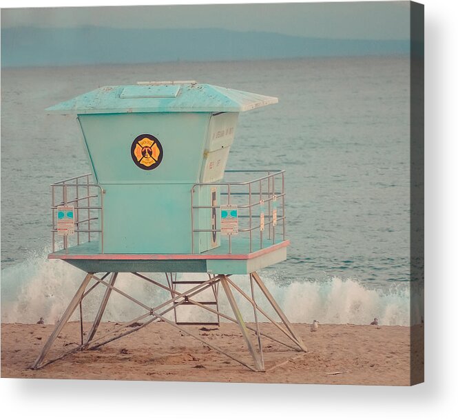 Lifeguard Acrylic Print featuring the photograph Lifeguard Station Blue and Pink at Santa Cruz Beach Boardwalk -- by Lynn Langmade
