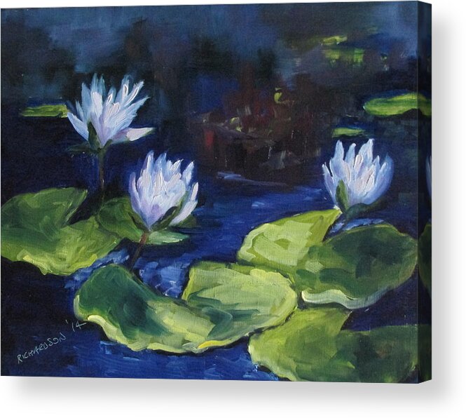 Waterscape Acrylic Print featuring the painting Lilies In The Spotlight by Susan Richardson