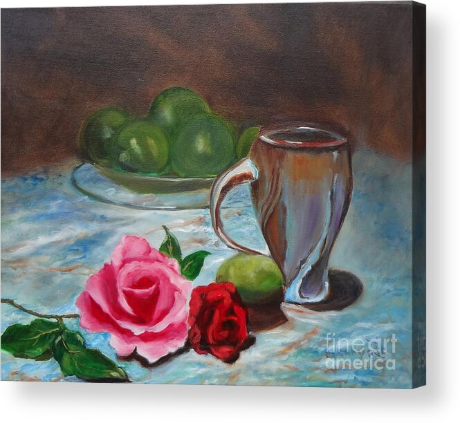 Pink Roses Acrylic Print featuring the painting Limes and Roses by Jenny Lee