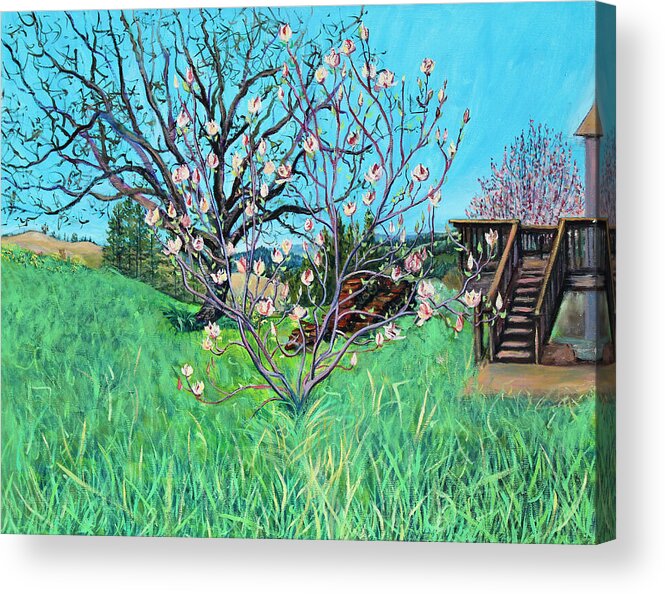 Landscape Painting Acrylic Print featuring the painting Magnolia Blooming at the Farm by Asha Carolyn Young