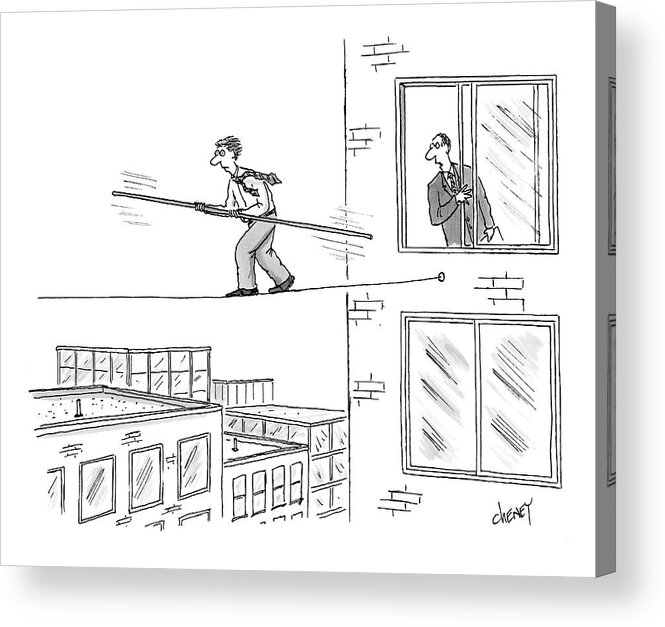Tightrope Acrylic Print featuring the drawing Man On A Tightrope Outside An Office Building by Tom Cheney