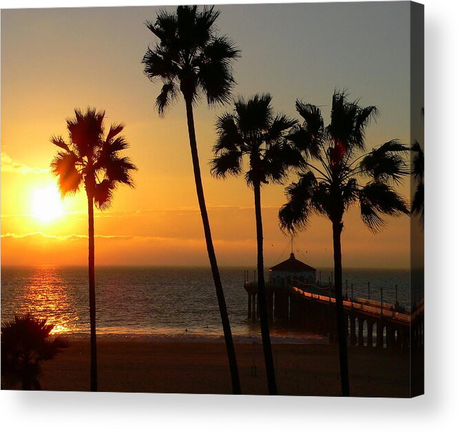 Sunset Acrylic Print featuring the photograph Manhattan Beach Pier and Palms at Sunset by Jeff Lowe