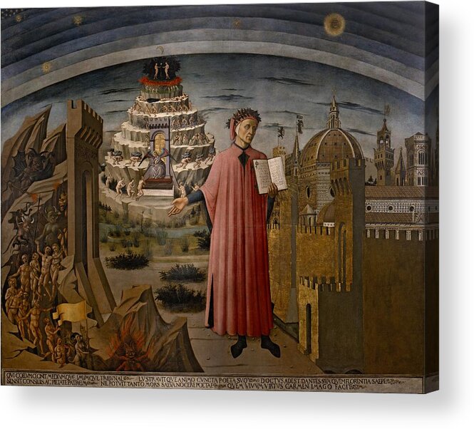 Dante Acrylic Print featuring the painting Michelinos fresco Dante Holding The Divine Comedy by Movie Poster Prints