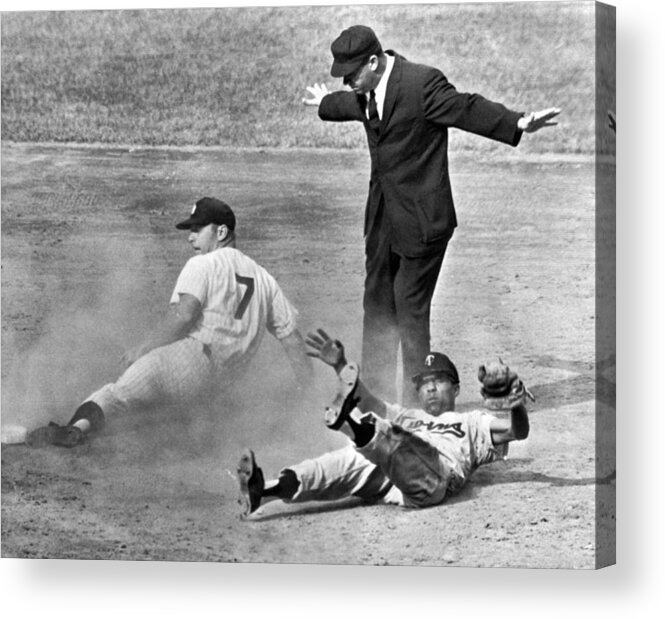 1961 Acrylic Print featuring the photograph Mickey Mantle Steals Second by Underwood Archives