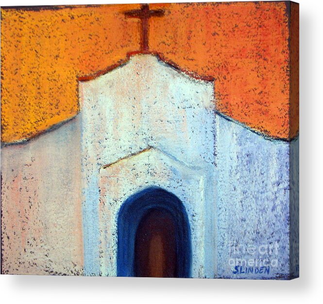 Pastel - Landscapes - Church - Mission Church Acrylic Print featuring the painting Mission church by Sandy Linden