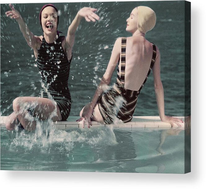 Two People Acrylic Print featuring the photograph Models Splashing Water While Sitting On The Edge by Frances McLaughlin-Gill