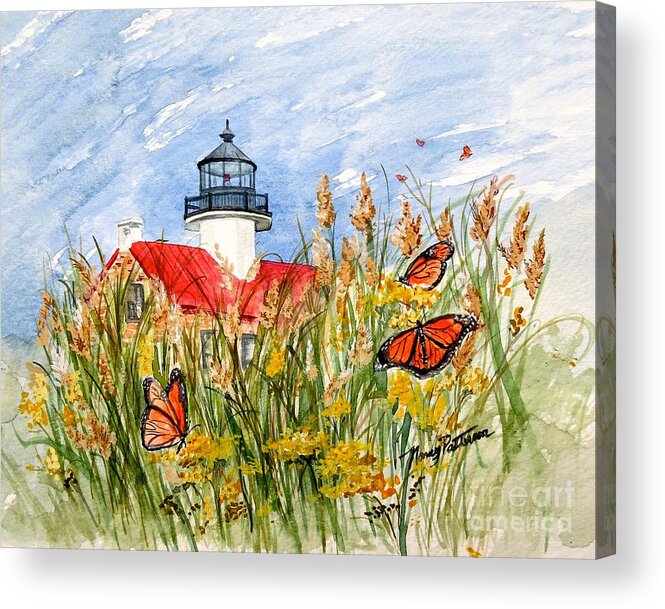 East Point Lighthouse Acrylic Print featuring the painting Monarch Butterflies at East Point Light by Nancy Patterson